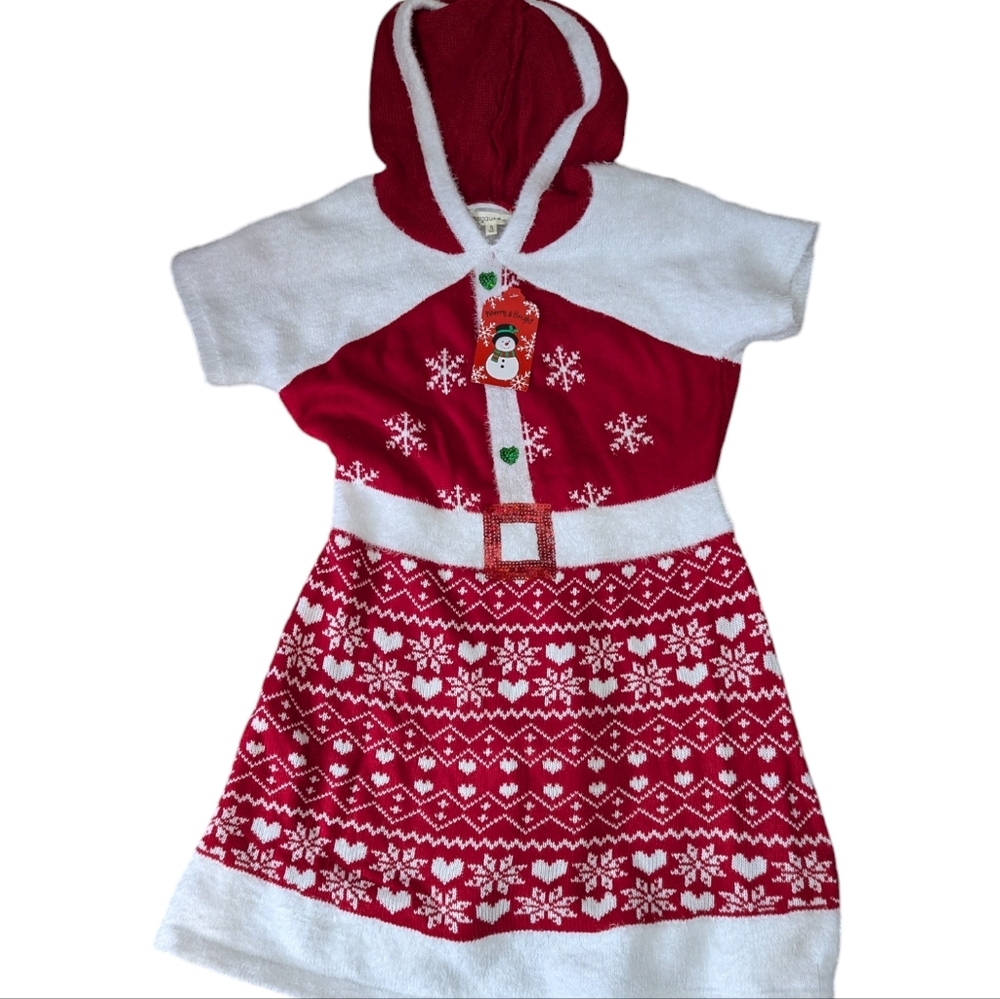 Girls Red White Snowflake Fuzzy Christmas Hoodie Sweater Dress...Size XL (16)